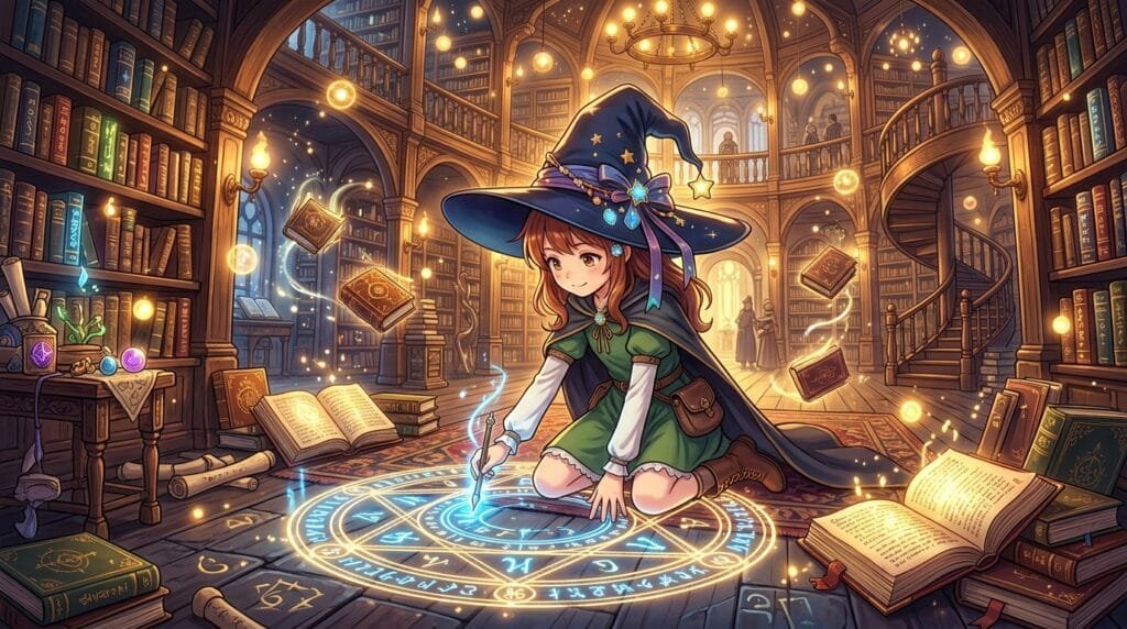 Coco studying glowing magical symbols inside an ancient library filled with enchanted books and spell circles.