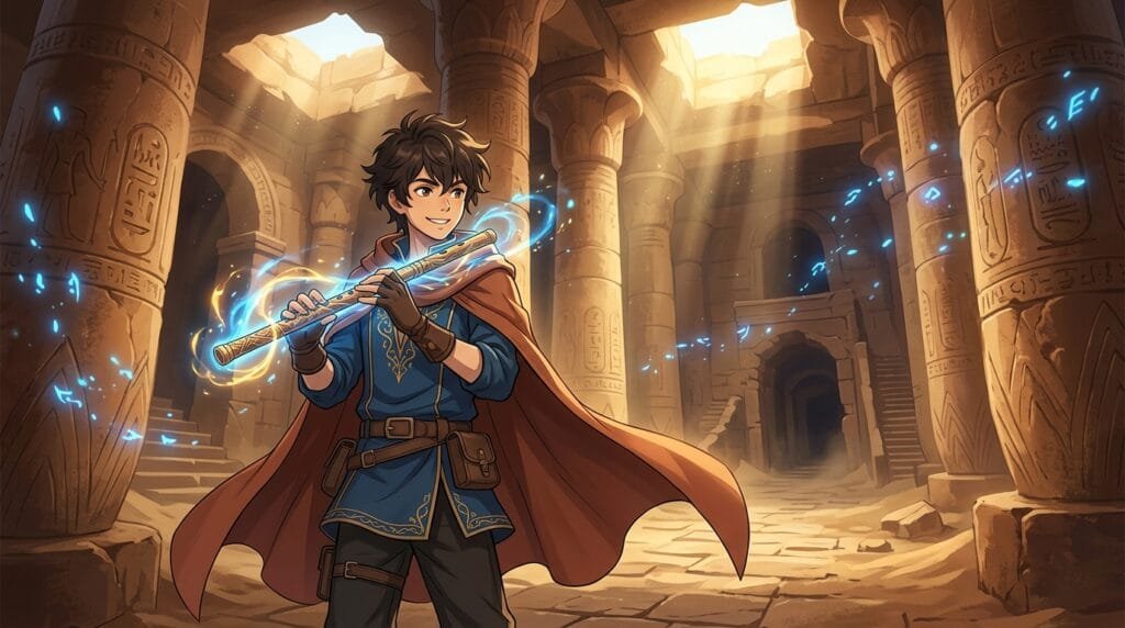Aladdin exploring a massive ancient labyrinth surrounded by glowing magical energy and towering desert ruins.