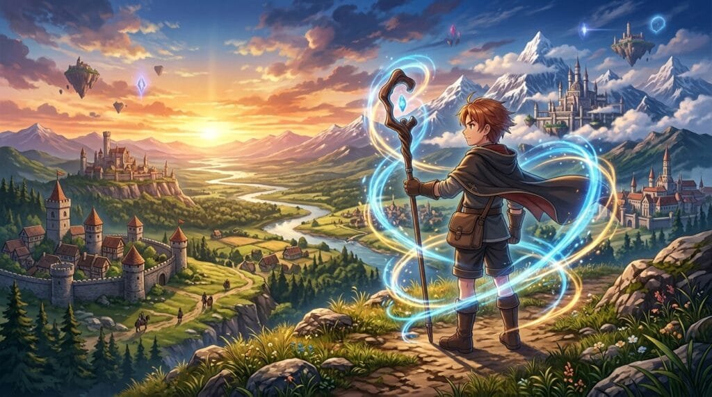 Rudeus Greyrat using magic in a vast fantasy landscape with medieval buildings and mountains at sunset.