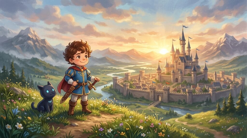 Prince Bojji standing on a grassy hill with his sword overlooking a medieval kingdom at sunrise.