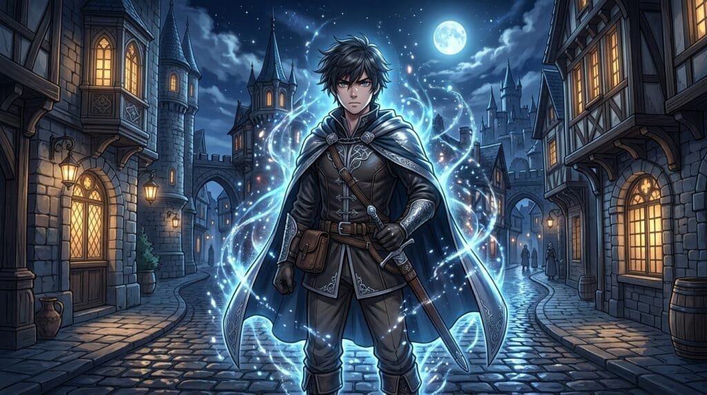 Subaru Natsuki standing in a moonlit fantasy city surrounded by mysterious magical energy.